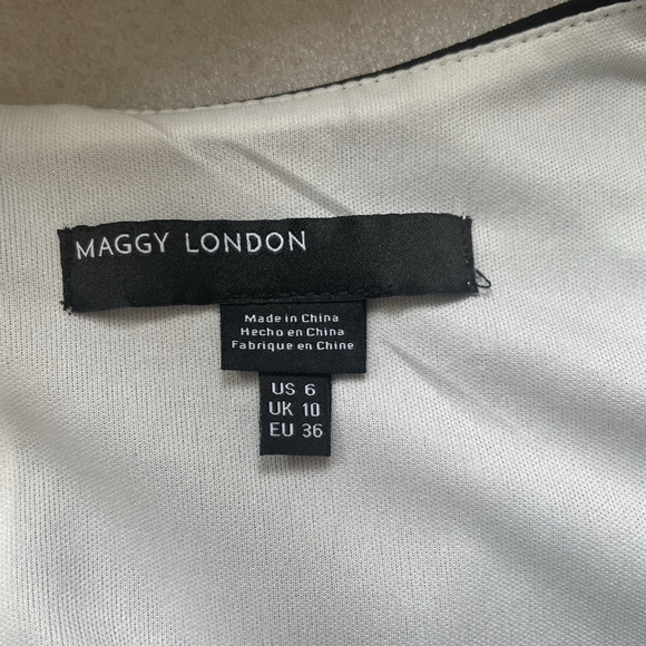 Maggie London Dress Women US 6 Black White Colorblock Asymmetric Neckline Career - Picture 7 of 11